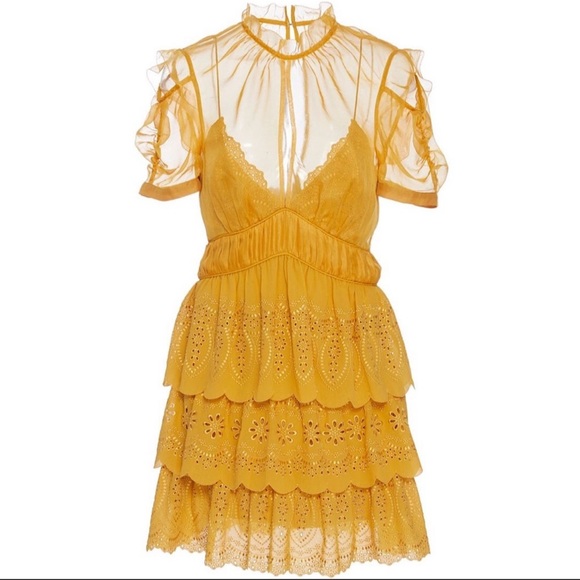 Self-Portrait NWT Tiered Chiffon Mini Cocktail Yellow Mustard Marigold US 2 UK 6 - Picture 2 of 8